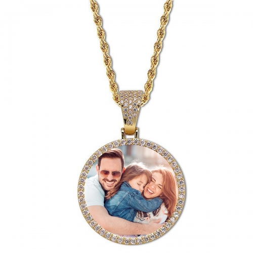 Round Gold Photo Pendant with Rope Chain