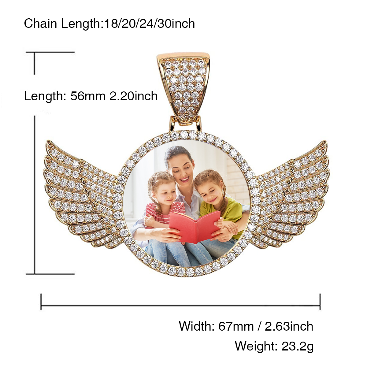 Wings Gold Photo Pendant with Rope Chain