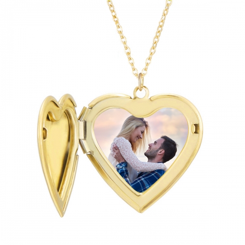 Personalized Heart Photo Locket Necklace Gold Color