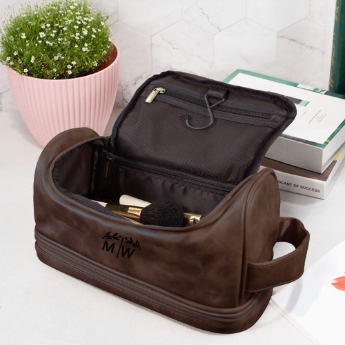 Dark Brown PU Toiletry Bag (Front Custom)(Made in USA)