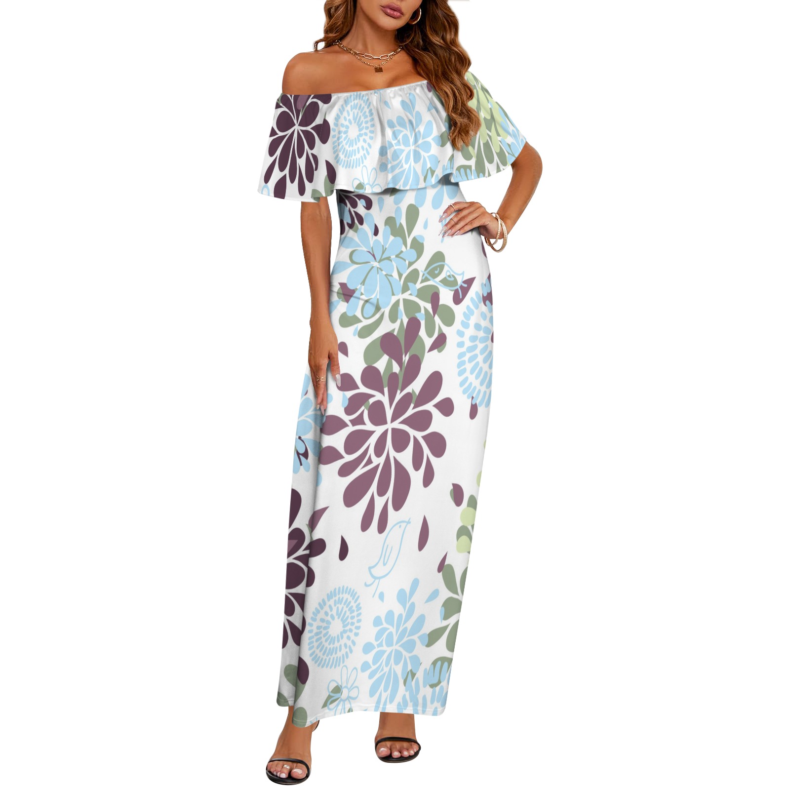 Floral Print Boat Neck Ruffle Sleeves Dress