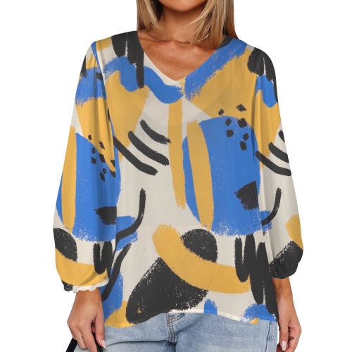 Women's Loose V-Neck Long Puff Sleeve Top (Model H70)