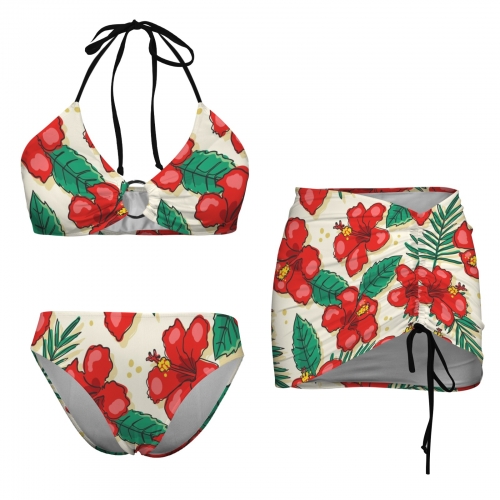 Drawstring Halterneck Three-Piece Swimsuit Skirt