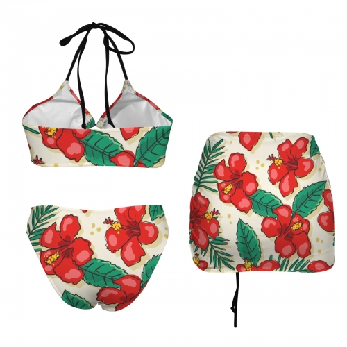 Drawstring Halterneck Three-Piece Swimsuit Skirt