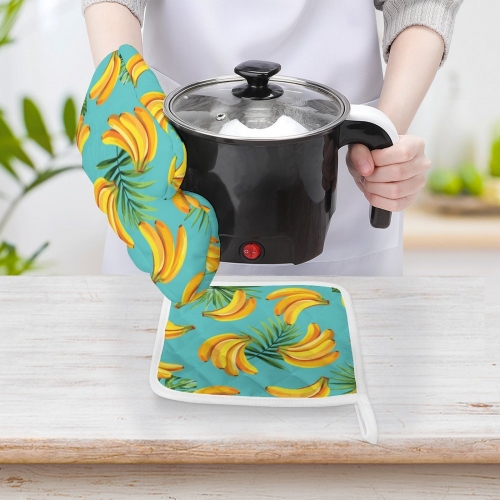 Heat Resistant Oven Mitt With Pot Holder(Two Pieces Set))
