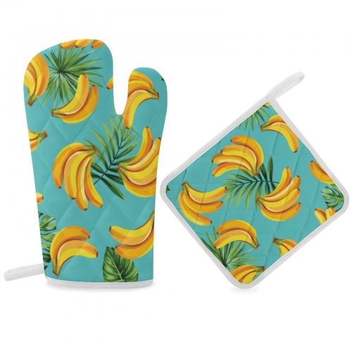 Heat Resistant Oven Mitt With Pot Holder(Two Pieces Set))