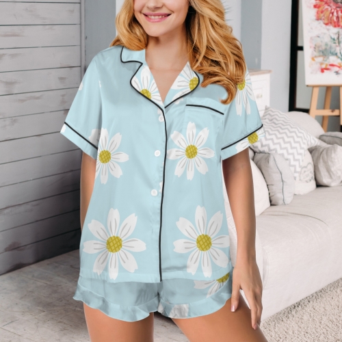 Lapel Ruffle Hem Short Pajama Sets