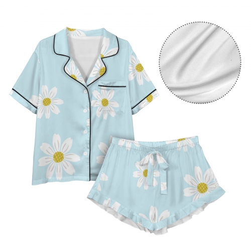 Lapel Ruffle Hem Short Pajama Sets