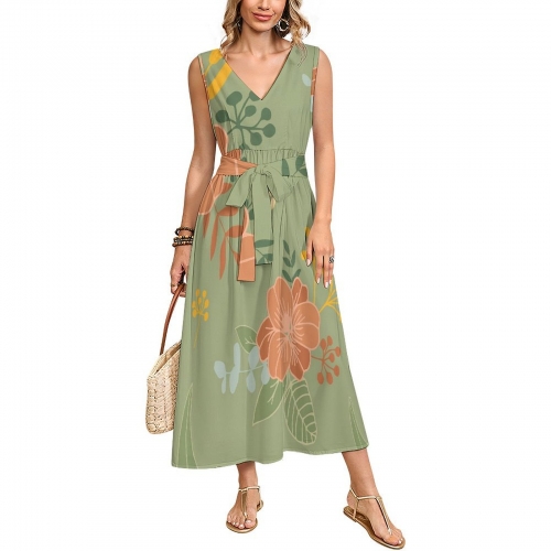 Women's Sleeveless V-Neck Belted Dress