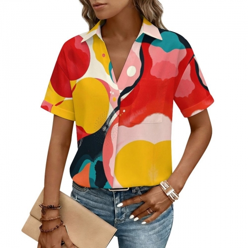 Women's V-neck Short Sleeve Blouse with Chest Pocket