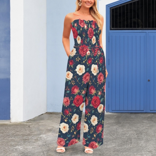Women's Strapless Smocked Wide-Leg Jumpsuit