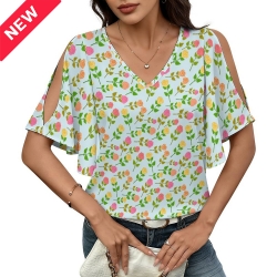 Women’s V-Neck Cold Shoulder Flutter Sleeve Blouse