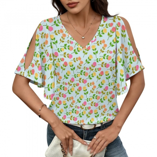 Women’s V-Neck Cold Shoulder Flutter Sleeve Blouse