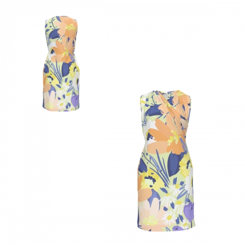 Women's V Neck Criss-Cross Ruched Sleeveless Dress with Pockets