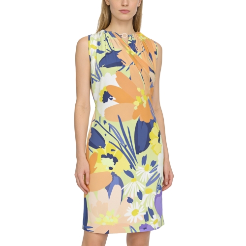 Women's V Neck Criss-Cross Ruched Sleeveless Dress with Pockets