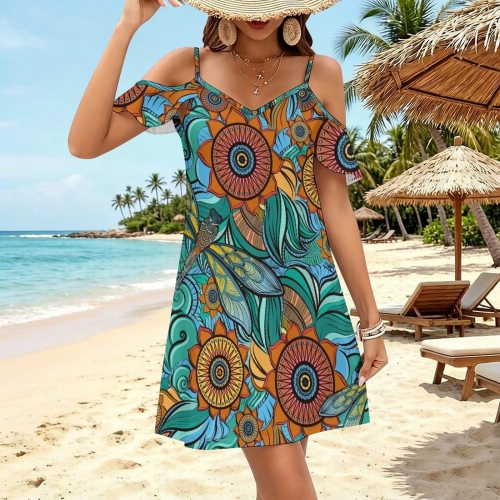 Spaghetti Strap Cold-Shoulder Ruffle Dress