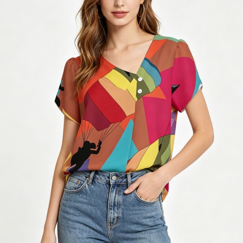 Women's Asymmetrical Neckline Short Sleeve Shirt