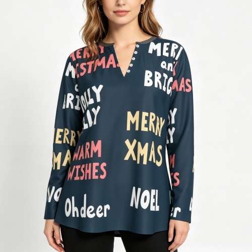 Women's V-Neck Long Sleeve Shirt with Buttons