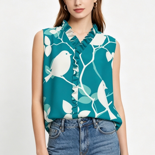 Women's Ruffle V-Neck Blouse Sleeveless
