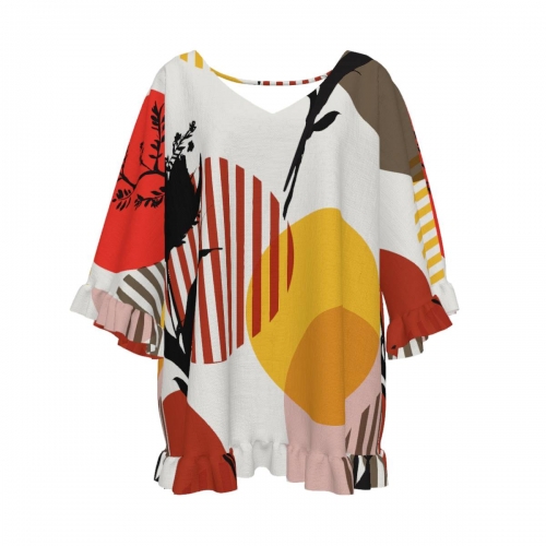 Women's V-Neck Short Sleeve Top with Ruffled Sleeves & Hem