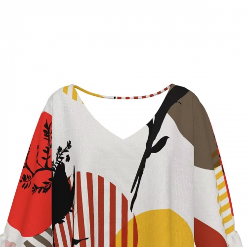 Women's V-Neck Short Sleeve Top with Ruffled Sleeves & Hem