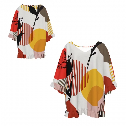 Women's V-Neck Short Sleeve Top with Ruffled Sleeves & Hem
