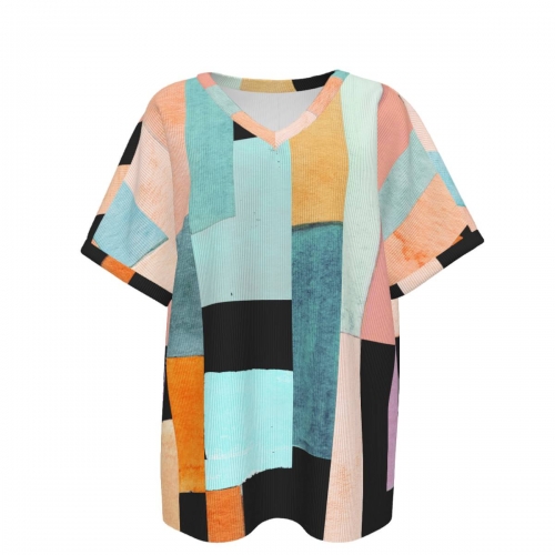 Women's Ribbed V-Neck Short Sleeve T-Shirt