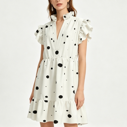 Women's V-Neck Short Ruffle Sleeve Dress
