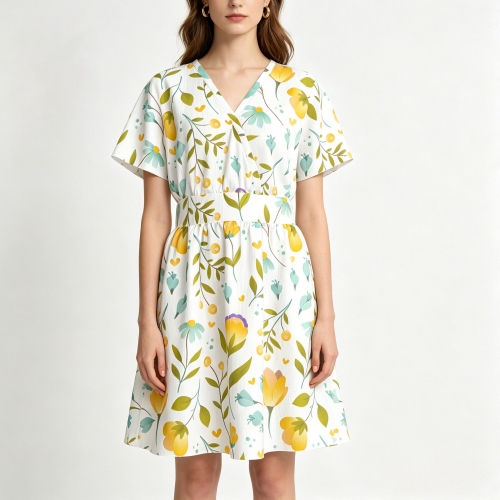 Women's V-Neck Short Sleeve Waist Dress