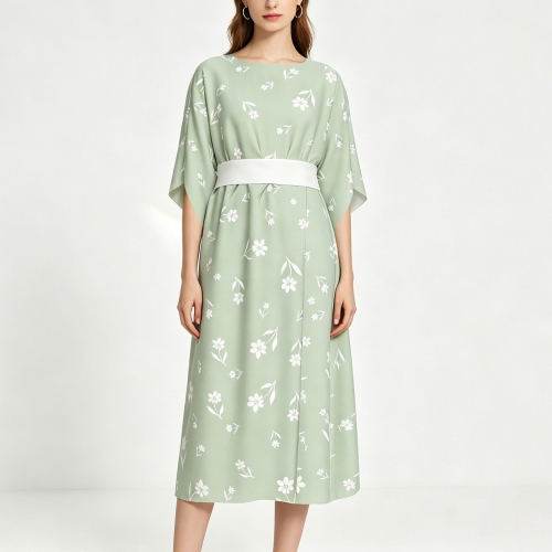 Women's Round Neck Medium Sleeve Ruched Dress