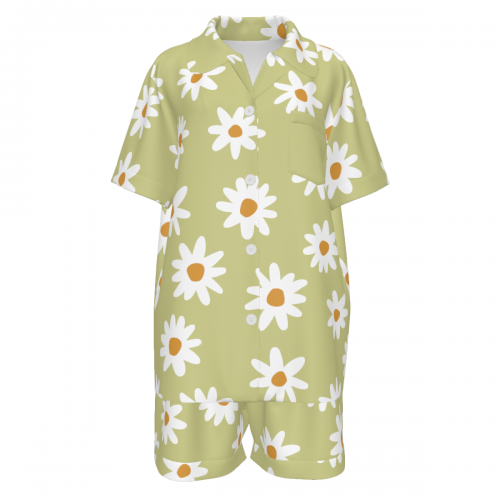 Women's V-Neck Short Sleeve Pajama Set with Chest Pocket