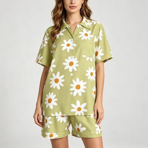 Women's V-Neck Short Sleeve Pajama Set with Chest Pocket
