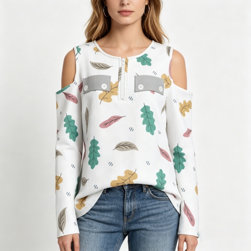 Women's Half Zip Cold Shoulder T-Shirt with Pockets