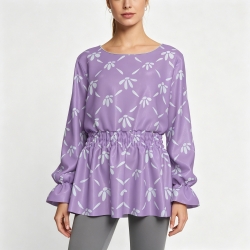 Women’s Round Neck Smocked Waist Long Sleeve Shirt