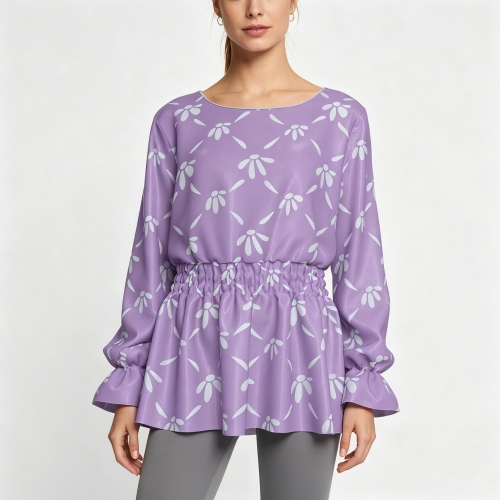 Women’s Round Neck Smocked Waist Long Sleeve Shirt