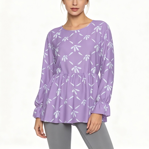 Women’s Round Neck Smocked Waist Long Sleeve Shirt