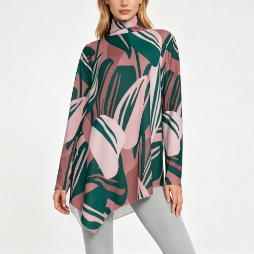 Women's High Neck Shirt with Irregular Hem