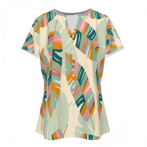 Women's V-Neck Short-Sleeve Button-Down Shirt