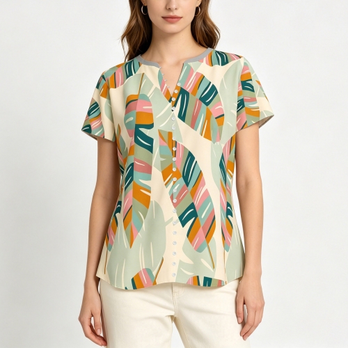 Women's V-Neck Short-Sleeve Button-Down Shirt