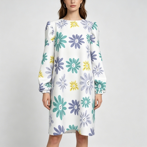 Women's Round Neck Puff Sleeve Long Sleeve Dress