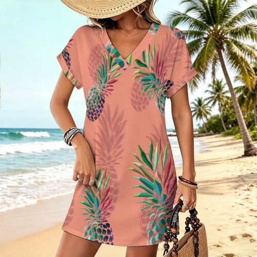 Women's Casual V-Neck Dress with Rolled Cuffs