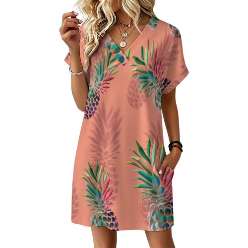 Women's Casual V-Neck Dress with Rolled Cuffs