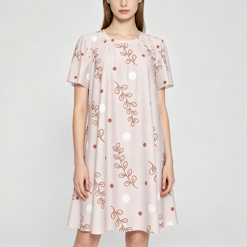 Women's Crew Neck Ruched Bubble Sleeve Dress
