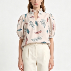 Women's Ruffle High Neck Puff Sleeve Top