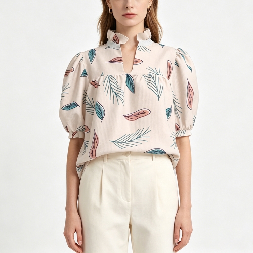 Women's Ruffle High Neck Puff Sleeve Top