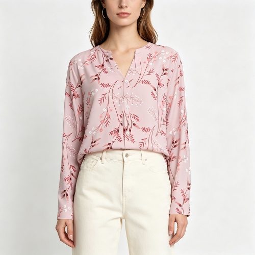 Women's Split Neck  Button-Down Long Sleeve Top
