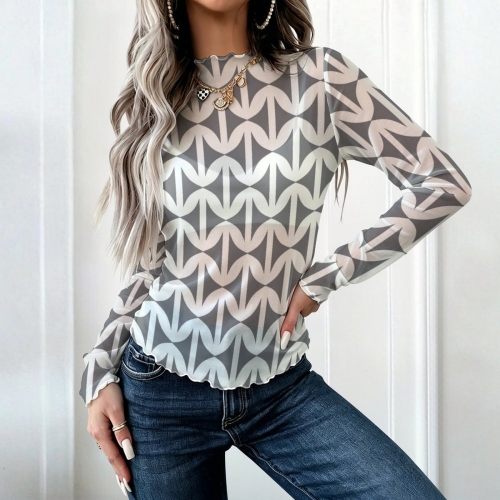 High Neck Long Sleeved Mesh Top