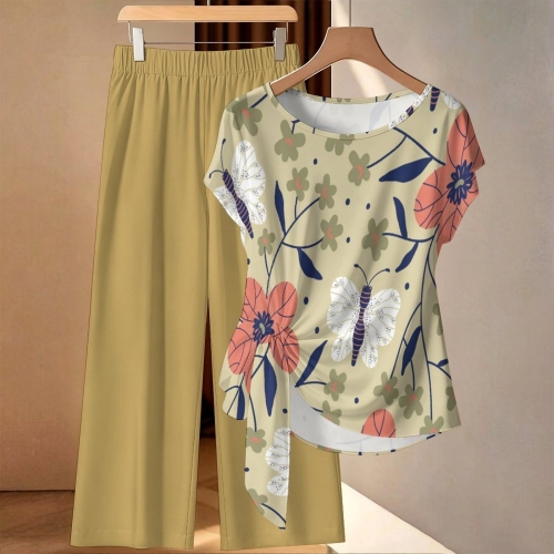 Women's Side-Tie Short Sleeve Top & Wide-Leg Pants Set