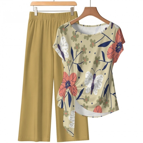 Women's Side-Tie Short Sleeve Top & Wide-Leg Pants Set