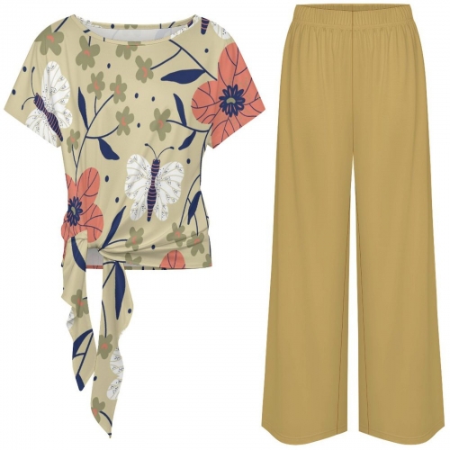 Women's Side-Tie Short Sleeve Top & Wide-Leg Pants Set